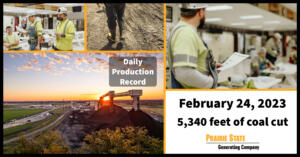 Photo collage that reads: Daily Production Record February 24, 2023 5,340 feet of coal cut